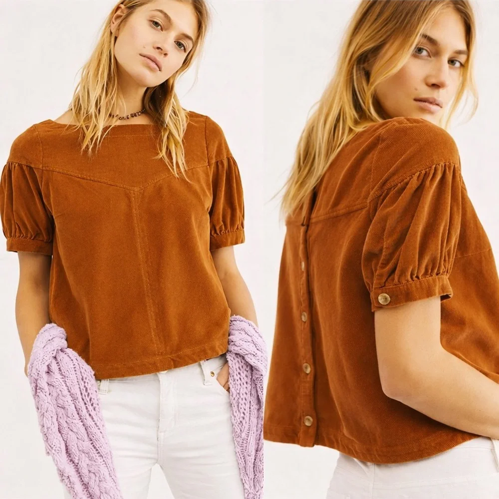 Free People Brown Corduroy Button Back Puff Boat Neck Top -Cording Around Blouse